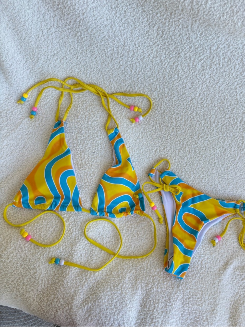 Yellow Wave-Print Tie-Side Bikini Top & Bottom Set Dolls Kill Dupe